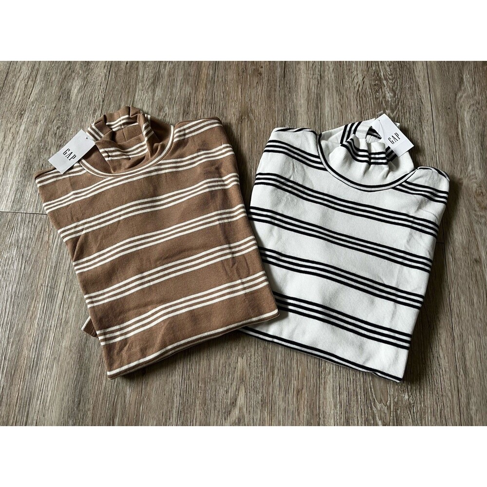 Bundle Gap Cotton Turtleneck Shirt Long Sleeve Tan White Striped Top Large